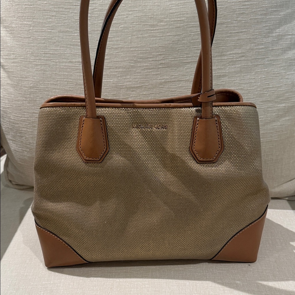 Michael Kors Beige Canvas Tote with Brown Leather Trim